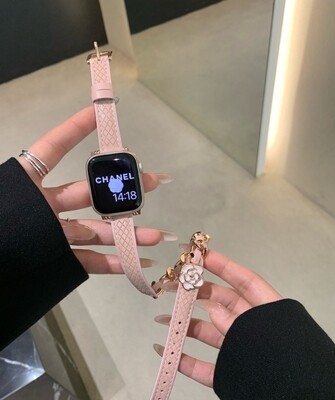 (42mm-44mm-45mm-49mm) Hermes Pink Leather Flower Slim double tour Band new design - تصميم جديد جلد تصميم ورده هرميز دبل ضعيف وردي 