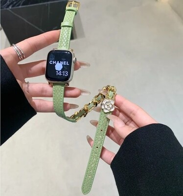 (42mm-44mm-45mm-49mm) Hermes Green Leather Flower Slim double tour Band new design - تصميم جديد جلد تصميم ورده هرميز دبل ضعيف أخضر 