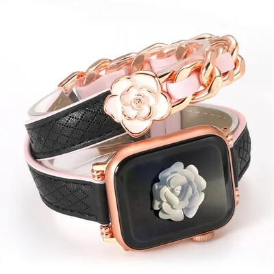 (42mm-44mm-45mm-49mm) Hermes double tune Leather Flower Slim double tour Band new design - تصميم جديد جلد تصميم ورده هرميز دبل ضعيف لونين 