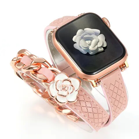 (38mm-40mm-41mm) Hermes Pink Leather Flower Slim double tour Band new design - تصميم جديد جلد تصميم ورده هرميز دبل ضعيف وردي 