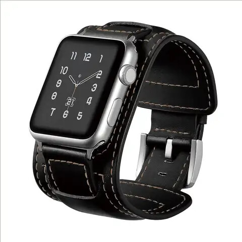 (42mm-44mm-45mm-49mm) Hermes Leather 2in1 Black with white stitching Band - باند جلد هرميز ٢في١ لون اسود مع خيوط ابيض 