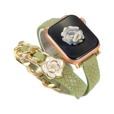 (42mm-44mm-45mm-49mm) Hermes Green Leather Flower Slim double tour Band new design - تصميم جديد جلد تصميم ورده هرميز دبل ضعيف أخضر 