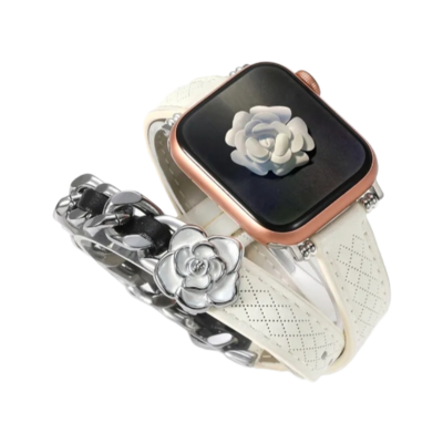 (38mm-40mm-41mm) Hermes White Leather Flower Slim double tour Band new design - تصميم جديد جلد تصميم ورده هرميز دبل ضعيف ابيض 