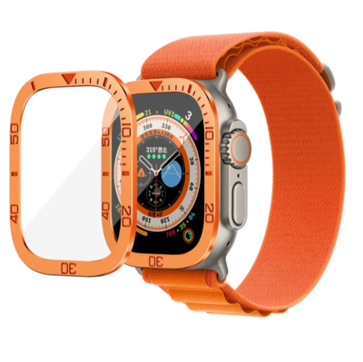 49mm apple watch Ultra Glass Screen Protection with numbered metal Orange sides - حمايه شاشه زجاج مع اطار معدني برتقالي أرقام لساعه ابل الترا مقاس ٤٩م
