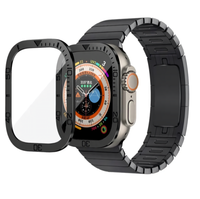 49mm apple watch Ultra Glass Screen Protection with numbered metal Black sides - حمايه شاشه زجاج مع اطار معدني اسود أرقام لساعه ابل الترا مقاس ٤٩م