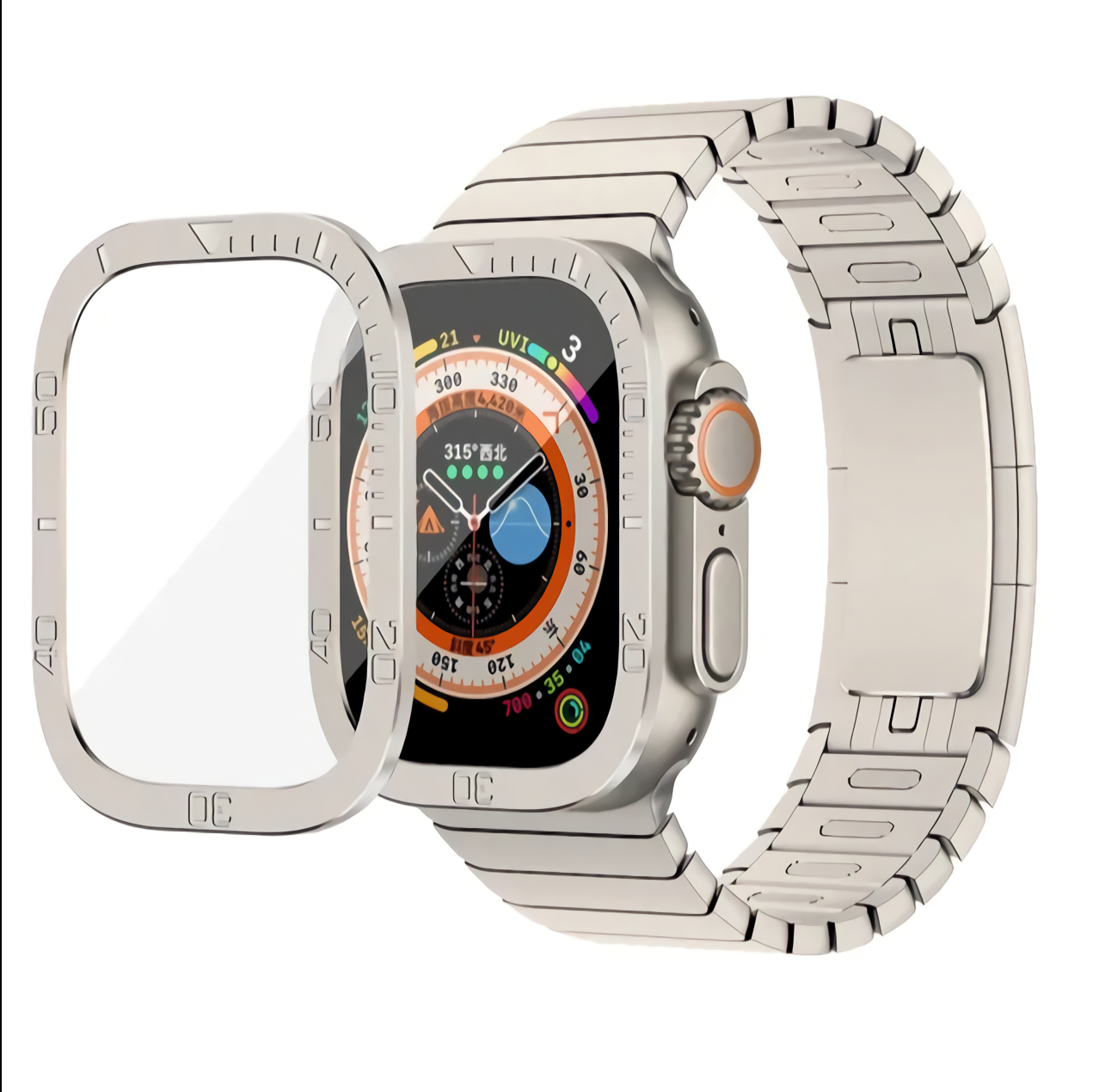 49mm apple watch Ultra Glass Screen Protection with numbered metal Titanium sides - حمايه شاشه زجاج مع اطار معدني تيتانيوم أرقام لساعه ابل الترا مقاس ٤٩م