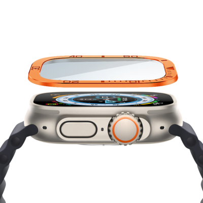 49mm apple watch Ultra Glass Screen Protection with numbered metal Orange sides - حمايه شاشه زجاج مع اطار معدني برتقالي أرقام لساعه ابل الترا مقاس ٤٩م