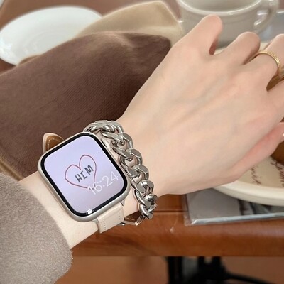 (42mm-44mm-45mm-49mm) Hermes Beige Leather with Metal Slim double tour Band new design - تصميم جديد جلد مع معدن هرميز دبل ضعيف بيج