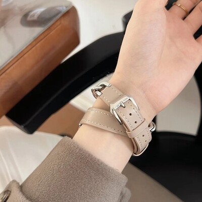 (38mm-40mm-41mm) Hermes Beige Leather with Metal Slim double tour Band new design - تصميم جديد جلد مع معدن هرميز دبل ضعيف بيج