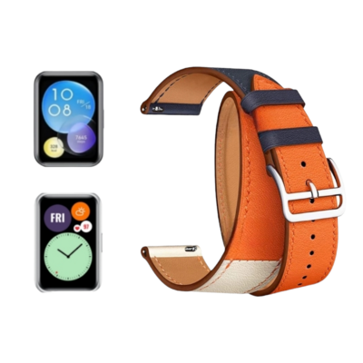 (Huawei Fit 1 &amp; 2 &amp; 3 &amp; 4/Pro) Hermes Orange Leather double tour band - جلد هرميز دبل برتقالي 