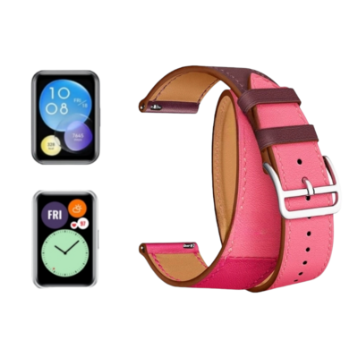 (Huawei Fit 1 &amp; 2 &amp; 3 &amp; 4/Pro) Hermes Fuchsia Leather double tour band - جلد هرميز دبل فوشي 