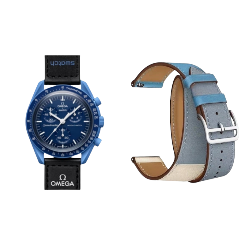 (OmegaXSwatch) Hermes Sky blue Leather double tour band - جلد هرميز دبل سماوي 