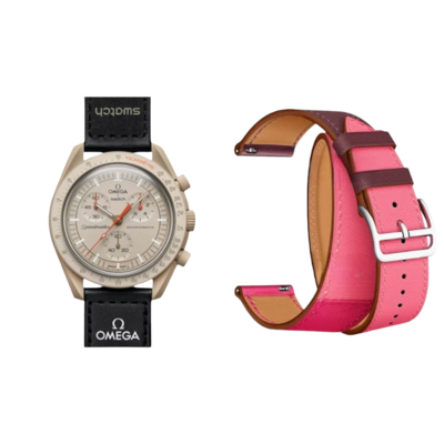 (OmegaXSwatch) Hermes Fuchsia Leather double tour band - جلد هرميز دبل فوشي 