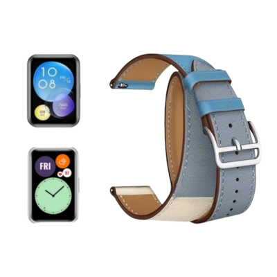 (Huawei Fit 1 &amp; 2 &amp; 3 &amp; 4/Pro) Hermes Sky blue Leather double tour band - جلد هرميز دبل سماوي 