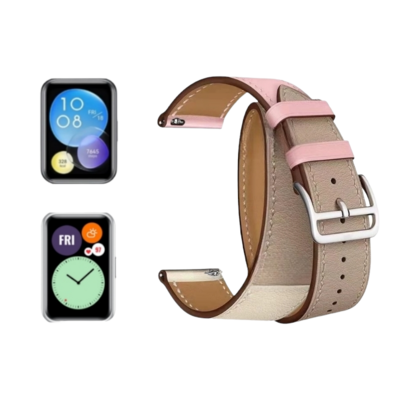 (Huawei Fit 1 &amp; 2 &amp; 3 &amp; 4/Pro) Hermes Light pink Leather double tour band - جلد هرميز دبل وردي فاتح 