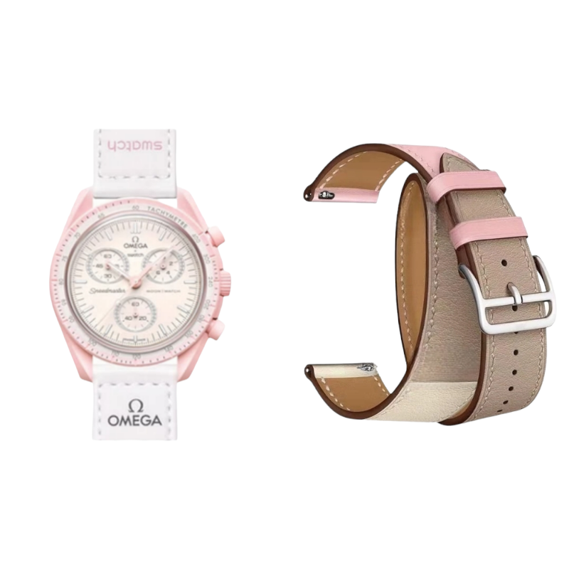 (OmegaXSwatch) Hermes Light pink Leather double tour band - جلد هرميز دبل وردي فاتح 