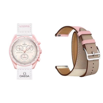 (OmegaXSwatch) Hermes Light pink Leather double tour band - جلد هرميز دبل وردي فاتح 