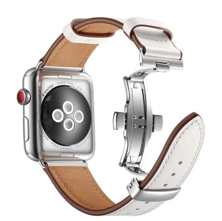 (42mm-44mm-45mm-49mm) Leather White Band with butterfly lock - باند جلد لون ابيض تسكيره فراشه 