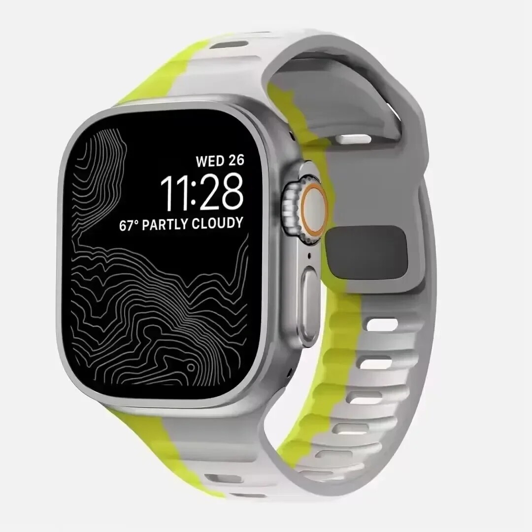 (42mm-44mm-45mm-46mm-49mm) Sports nomad silicone Band Grey&amp;Yellow - باند سيليكون رياضي نوماد لون رمادي مع اصفر 