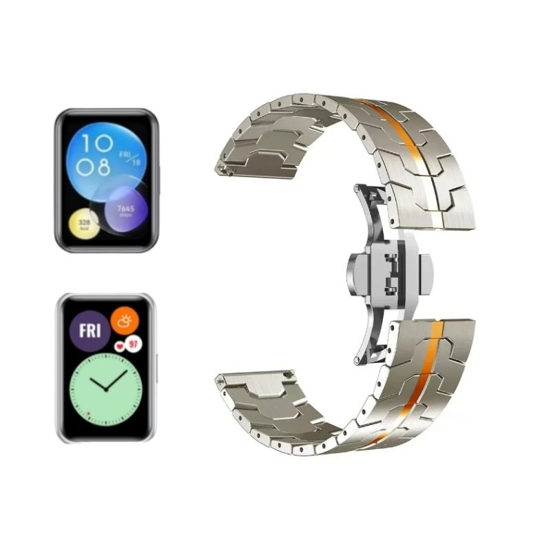 (Huawei Fit 1 &amp; 2 &amp; 3 &amp; 4/Pro) Steel design iron man band Titanium&amp;Orange - باند ستيل تصميم ايرون مان جديد تيتانيوم مع برتقالي 