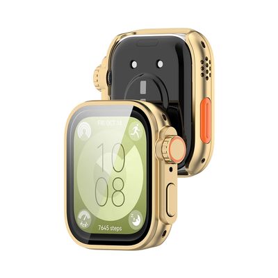 (Huawei Fit 3 ONLY) Full cover Huawei Fit 3 to Watch Ultra convertor Gold - فل كفر مع جام تحويل ساعه فت ٣ إلى ابل الترا ذهبي