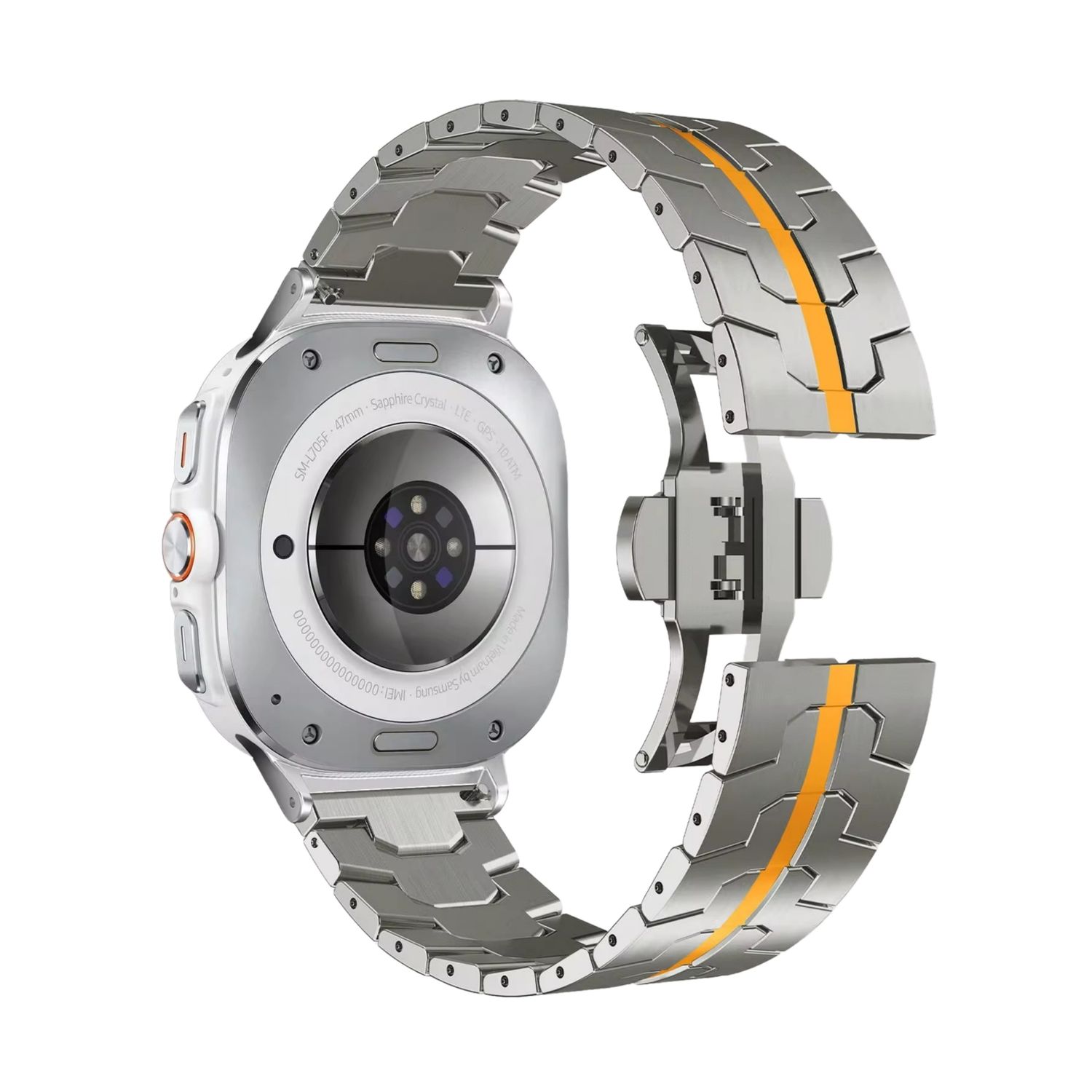 (Galaxy Watch 7 Ultra ONLY) New Steel design iron man band Titanium&amp;Orange - باند ستيل تصميم ايرون مان جديد تيتانيوم مع برتقالي 
