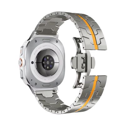 (Galaxy Watch 7 Ultra ONLY) New Steel design iron man band Titanium&amp;Orange - باند ستيل تصميم ايرون مان جديد تيتانيوم مع برتقالي 