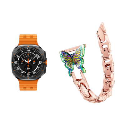 (Galaxy Watch 7 Ultra ONLY) Steel butterfly design Rose Gold &amp; Rainbow butterfly - باند ستيل تصميم فراشه روز قولد مع فراشه ملونه