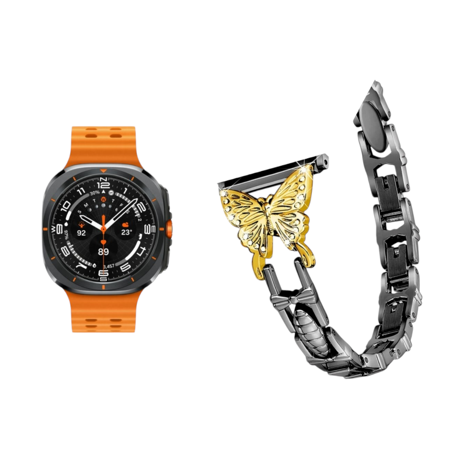 (Galaxy Watch 7 Ultra ONLY) Steel butterfly design Black &amp; Gold butterfly - باند ستيل تصميم فراشه اسود مع فراشه ذهبي 