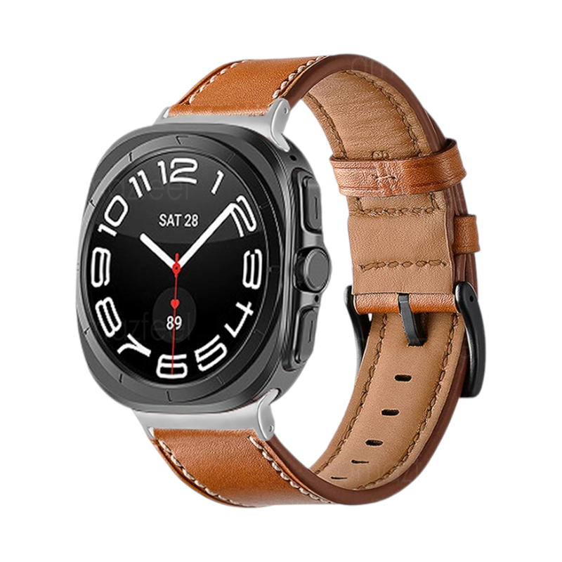 (Galaxy Watch 7 Ultra ONLY) Leather Brown with white stitching -  باند جلد بني مع خيوط بيضاء