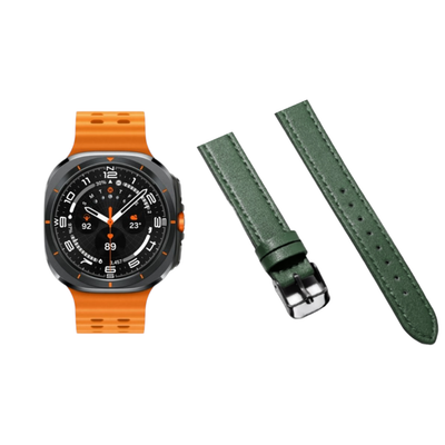 (Galaxy Watch 7 Ultra ONLY) New Slim Leather band Dark Green - باند جلد ضعيف تسكيره مسمار زيتي 
