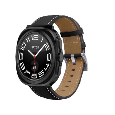 (Galaxy Watch 7 Ultra ONLY) Leather Black with white stitching -  باند جلد اسود مع خيوط بيضاء