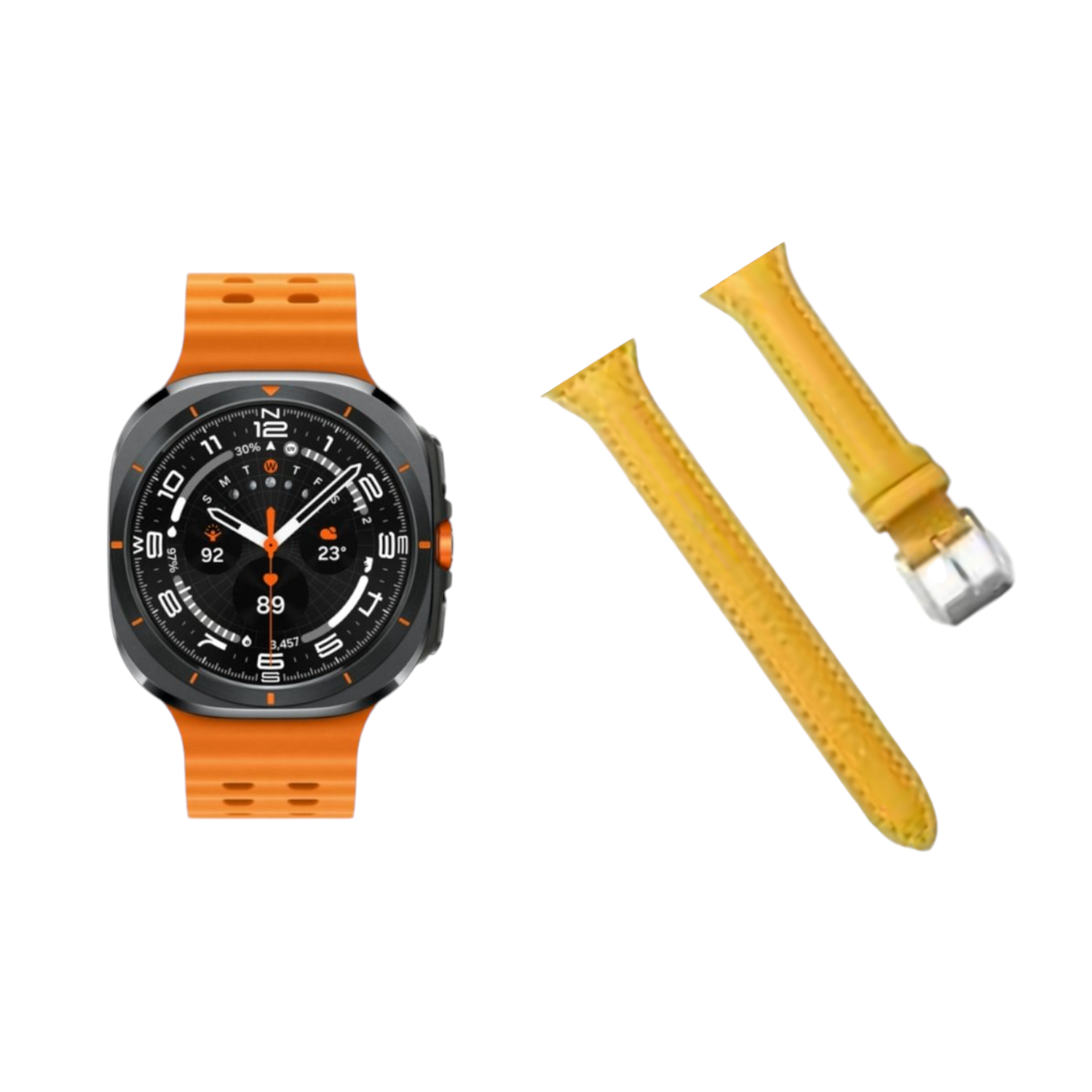 (Galaxy Watch 7 Ultra ONLY) New Slim Leather band Yellow - باند جلد ضعيف تسكيره مسمار اصفر 