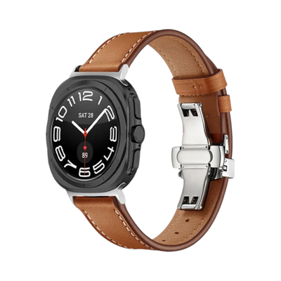 (Galaxy Watch 7 &amp; 8 Ultra ONLY) Leather Brown Band with butterfly lock - باند جلد لون بني تسكيره فراشه 