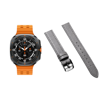 (Galaxy Watch 7 Ultra ONLY) New Slim Leather band Grey - باند جلد ضعيف تسكيره مسمار رمادي 
