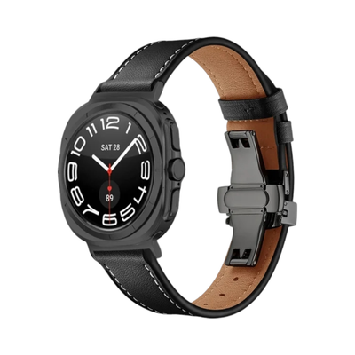 (Galaxy Watch 7 &amp; 8 Ultra ONLY) Leather Black Band with butterfly lock - باند جلد لون اسود تسكيره فراشه 