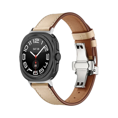 (Galaxy Watch 7 &amp; 8 Ultra ONLY) Leather Beige Band with butterfly lock - باند جلد لون بيج تسكيره فراشه 