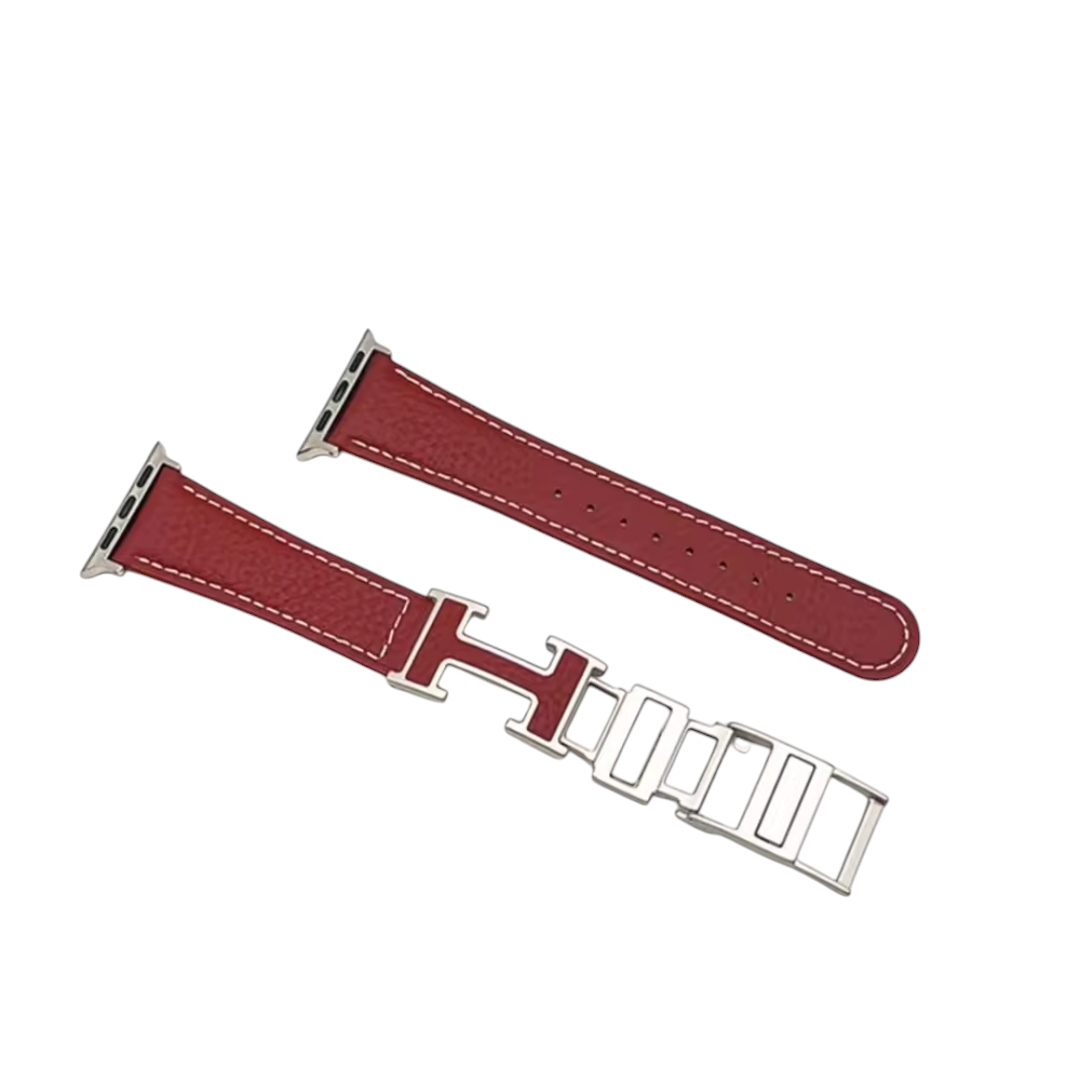 (42mm-44mm-45mm-46mm-49mm) Hermes Red Leather H design - جلد هرميز احمر تصميم هـ