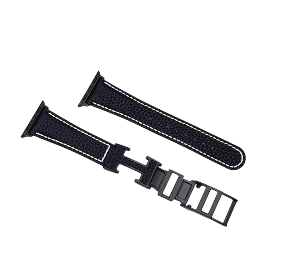 (42mm-44mm-45mm-46mm-49mm) Hermes Black Leather H design - جلد هرميز اسود تصميم هـ