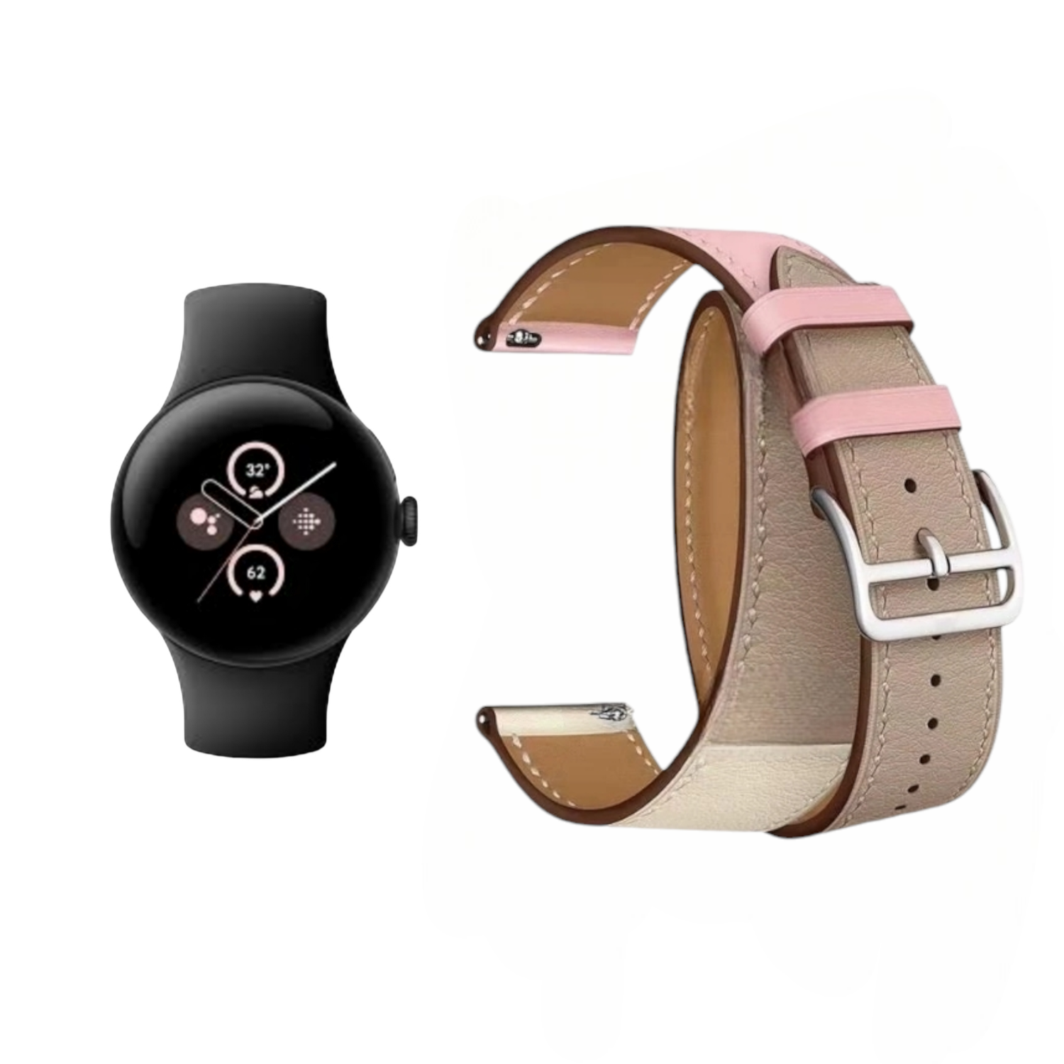 (Pixel) Hermes Light pink Leather double tour band - جلد هرميز دبل وردي فاتح 
