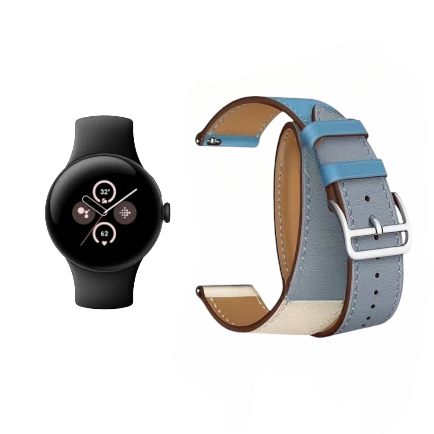 (Pixel) Hermes Sky blue Leather double tour band - جلد هرميز دبل سماوي 