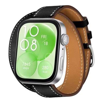 (Huawei Fit 1 &amp; 2 &amp; 3 &amp; 4/Pro) Hermes Black &amp; white stitching Leather double tour band - جلد هرميز دبل اسود مع خيوط ابيض