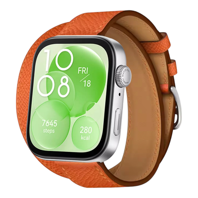 (Huawei Fit 1 &amp; 2 &amp; 3 &amp; 4/Pro) Hermes Orange Leather double tour band - جلد هرميز دبل برتقالي