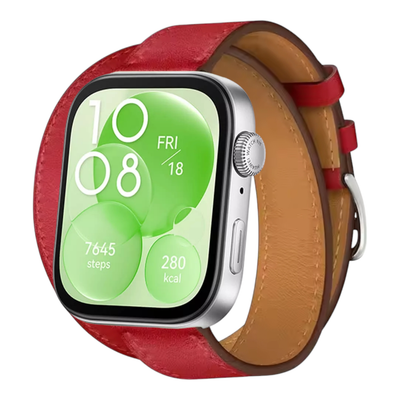 (Huawei Fit 1 &amp; 2 &amp; 3 &amp; 4/Pro) Hermes Red Leather double tour band - جلد هرميز دبل احمر