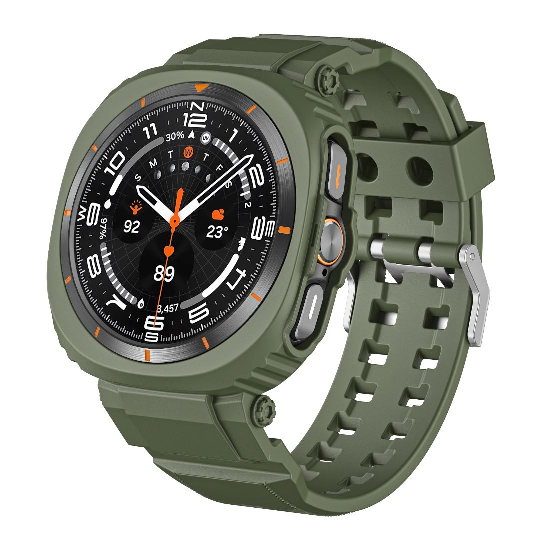 (Galaxy Watch 7 Ultra ONLY) Sports Silicone full cover with band Green - باند سيليكون رياضي كفر مع باند زيتي 
