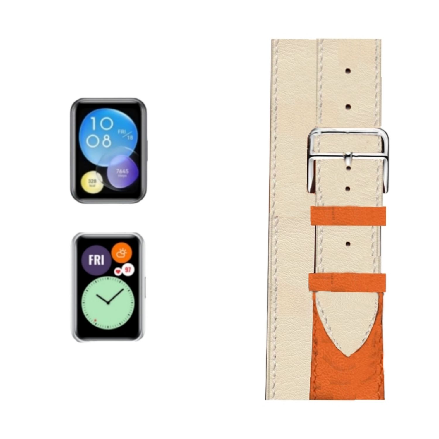 (Huawei Fit 1 &amp; 2 &amp; 3 &amp; 4/Pro) Hermes Orange&amp;Beige Leather double tour band - جلد هرميز دبل برتقالي مع بيج