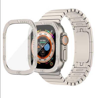49mm apple watch Ultra Glass Screen Protection with numbered metal Titanium sides - حمايه شاشه زجاج مع اطار معدني تيتانيوم أرقام لساعه ابل الترا مقاس ٤٩م