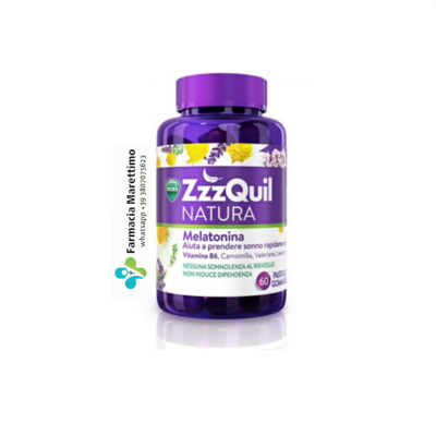 ZzzQuil Natura 60 past. gommose con vitamina B6, melatonina ed estratti di erbe che aiutano a prendere sonno rapidamente.