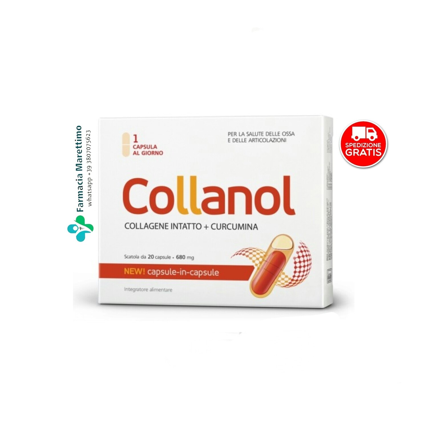 🎯 Collanol 680 mg 20 capsule (collagene intatto + curcuma). Integratore alimentare per mantenere le normali condizioni delle ossa e delle articolazioni.