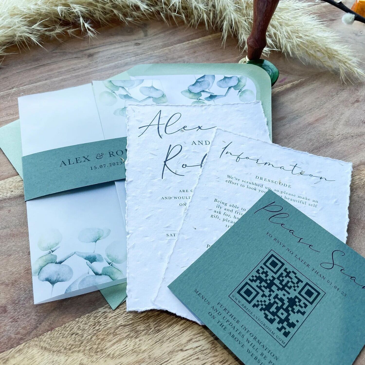 Sage green eucalyptus plantable seed wedding  invitation set